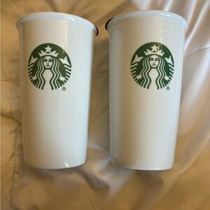 Set of white Starbucks ceramic tumblers